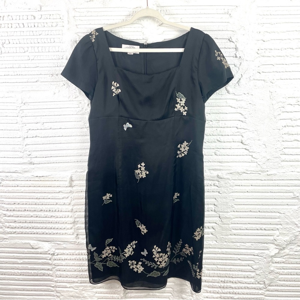 Anne Stanley 100% Silk Lined Black Dress Floral & Sequins Empire Waist Sheath 14